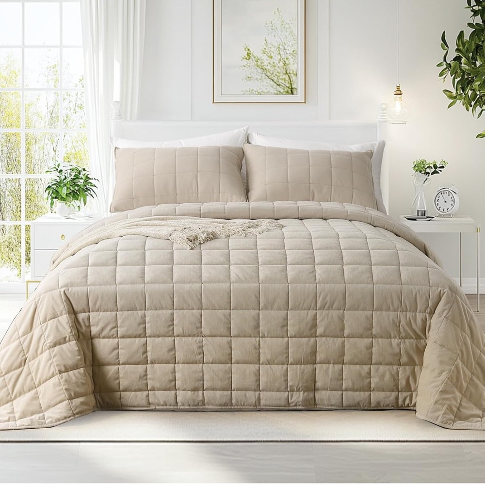 Elegant Tan Quilted Bedding Set Soft & Cozy Oversized Queen
